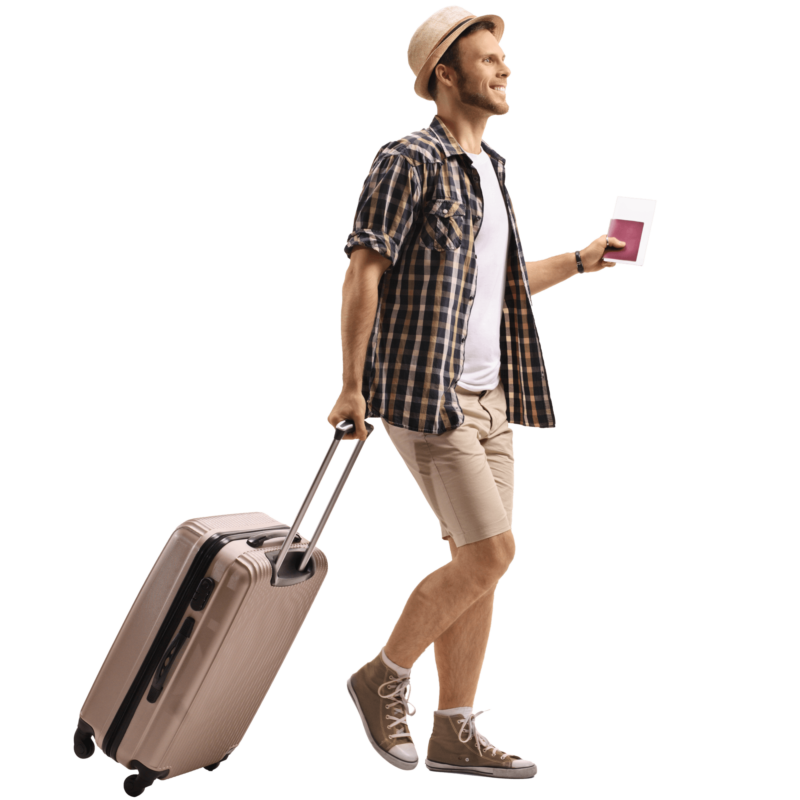 Reisender Mann mit Koffer und Reisepass